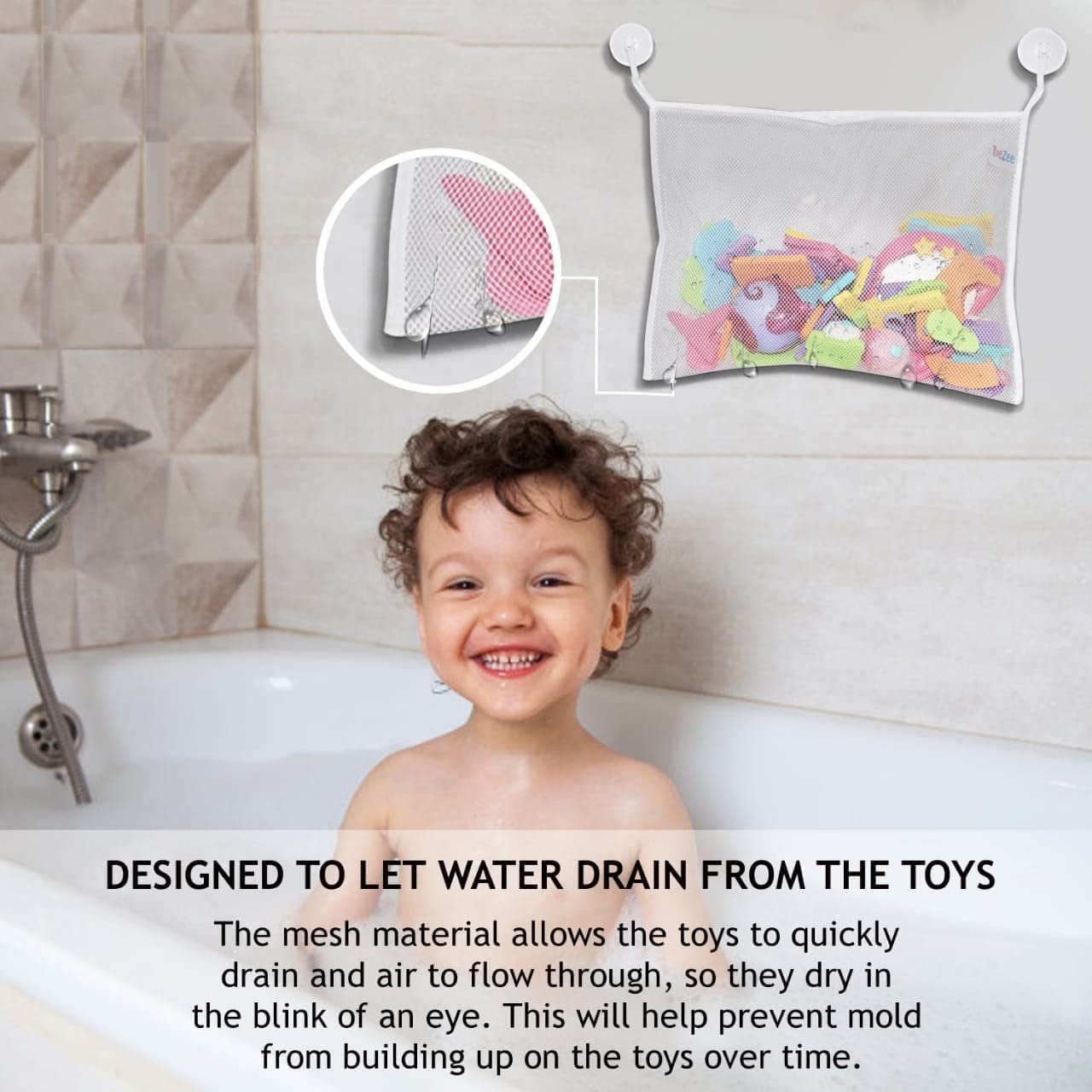 ToeZee Bath Toy Organizer Bag with Suction Cups Mesh Toys Organizer Bag Keeps All of Your Toddlers Favorite Bath Toys in One Convenient Location Bath Toys Bag Easily Sticks to The Wall