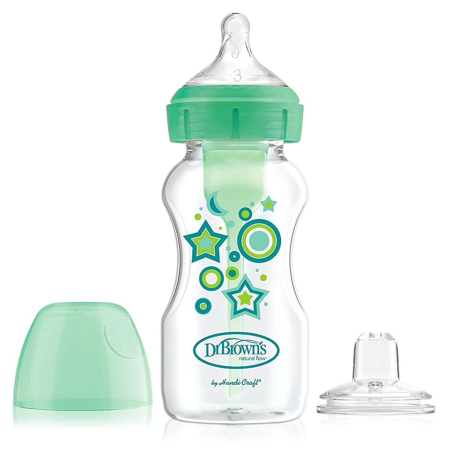 Dr. Brown's Options+ Wide-Neck Bottle to Sippy Baby Bottle Start Kit, Green, 9 Ounce