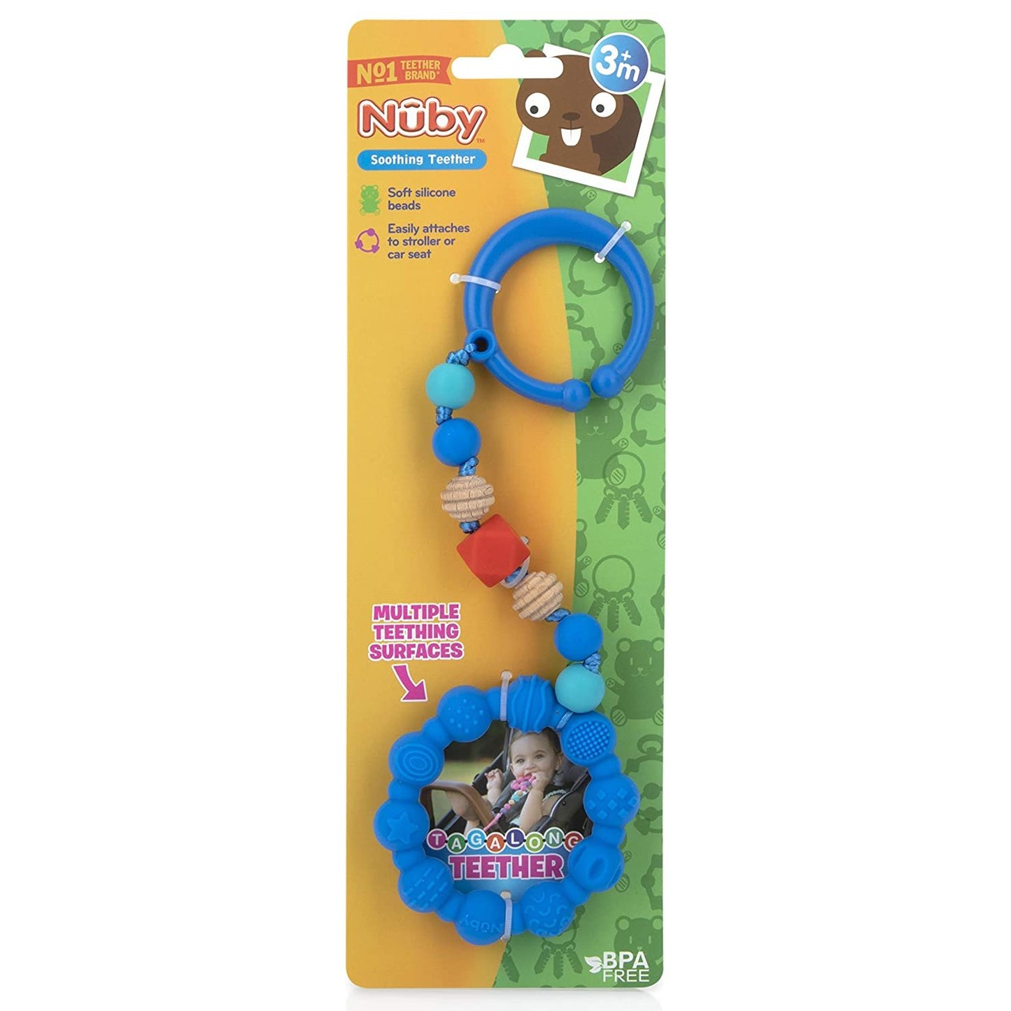 Nuby 100% Silicone Teether Ring with Silicone Beaded String and Clip for Carseat and Stroller, 3 Months +, Colors May Vary