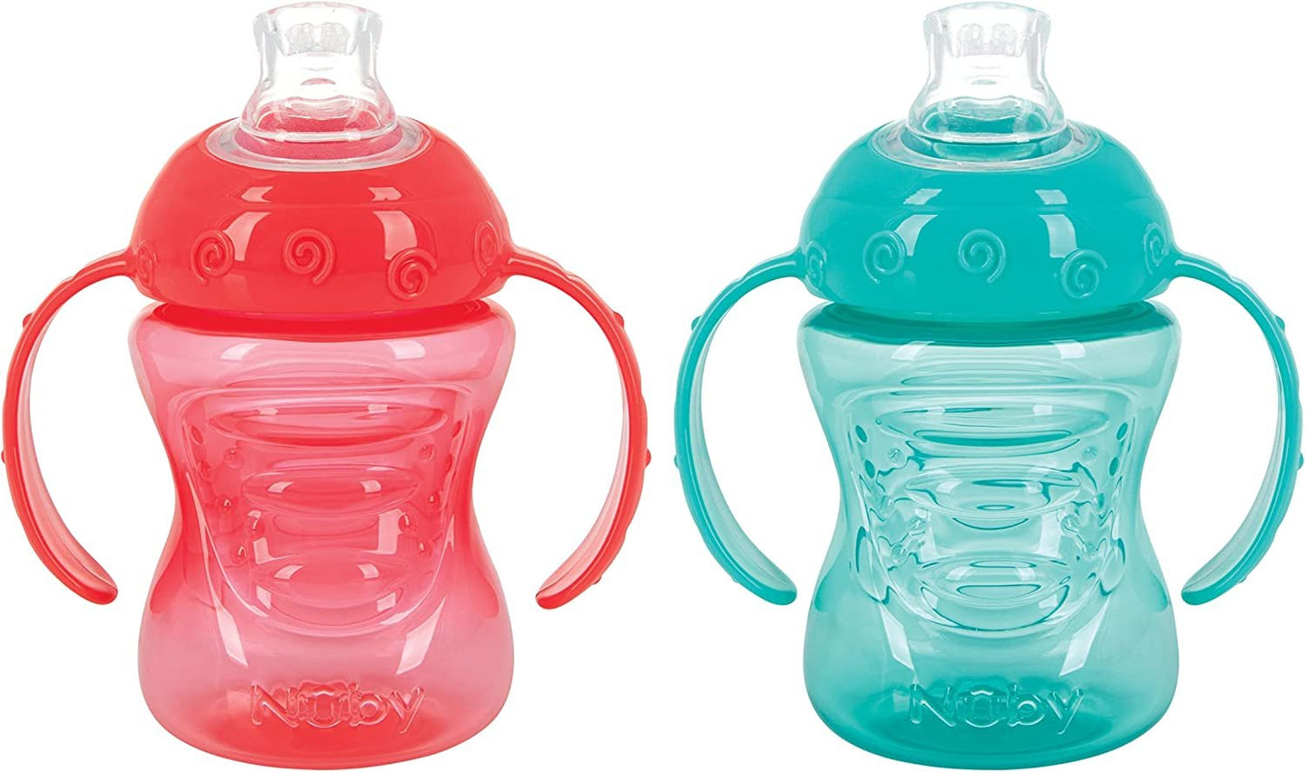 Nuby Two-Handle No-Spill Super Spout Grip N' Sip Cups, 8 Ounce (2 Count, Coral, Aqua)