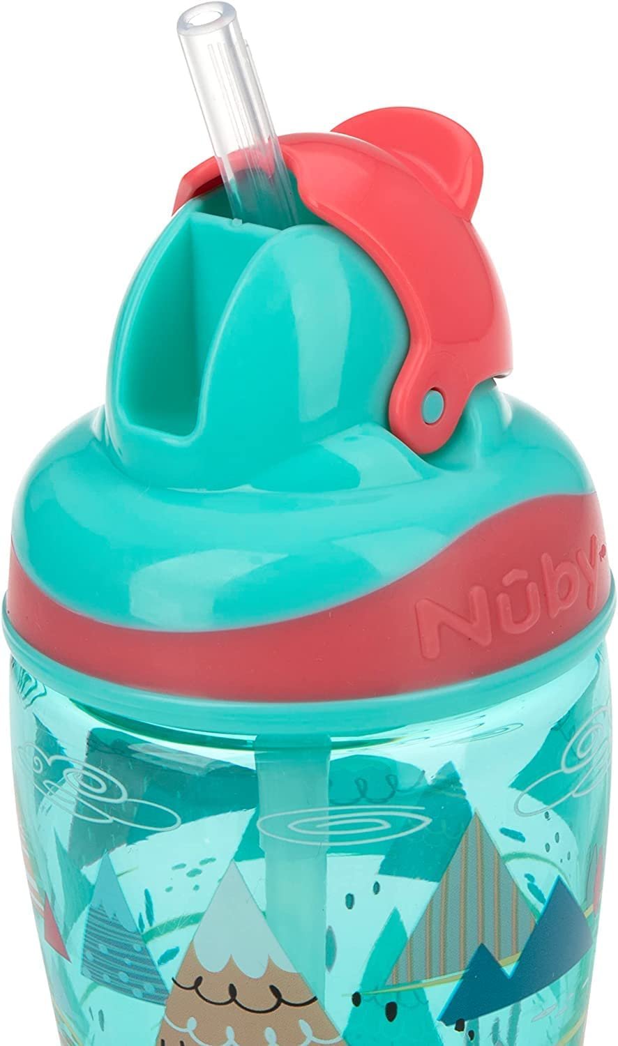 Nuby Thirsty Kids No-Spill Flip-it Printed Boost Cup with Thin Soft Straw - 12oz, 18+ Months, (adventure mountains/ space)