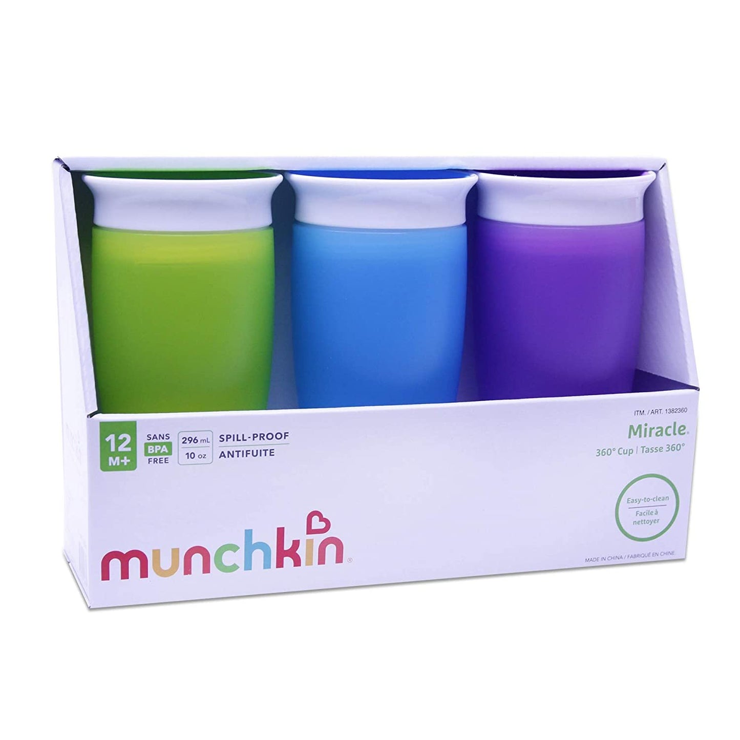 Munchkin Miracle 360 BPA Free Sippy Cup 296 mL/10 Oz 3 Count, Blue/Green/Purple