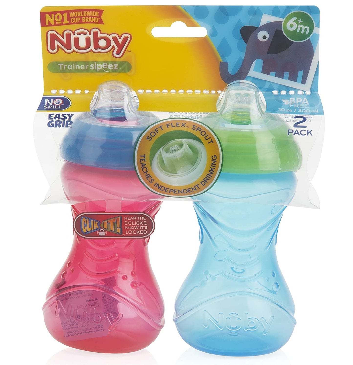 Nuby 2-Pack No-Spill Easy Grip Clik-It Cups, 10 Ounce, Colors May Vary