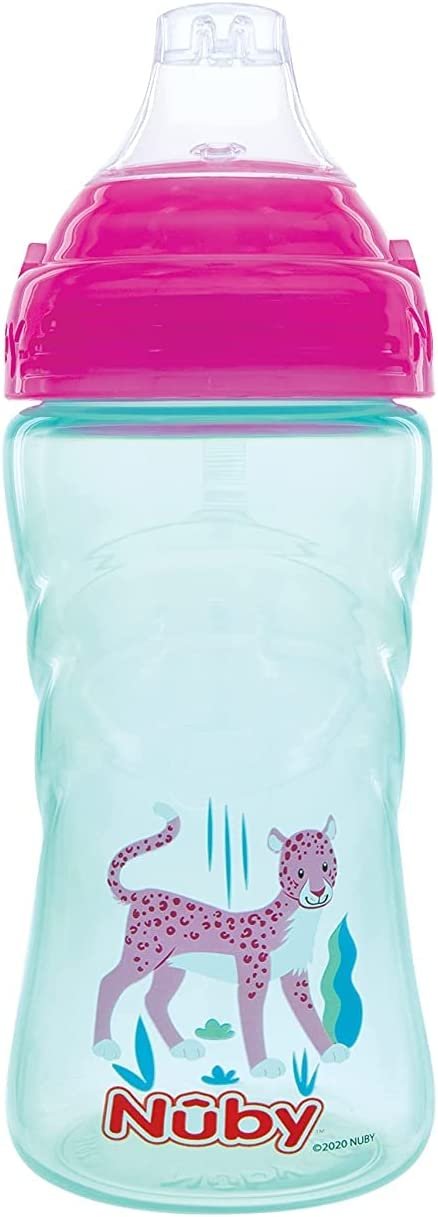 Nuby No Spill Printed Thirsty Kids No-Spill Sip-it Sport Cup with Soft Spout and Lid - 12oz / 360 ml, 12+ Months, Single Pack of 1 (Pink)