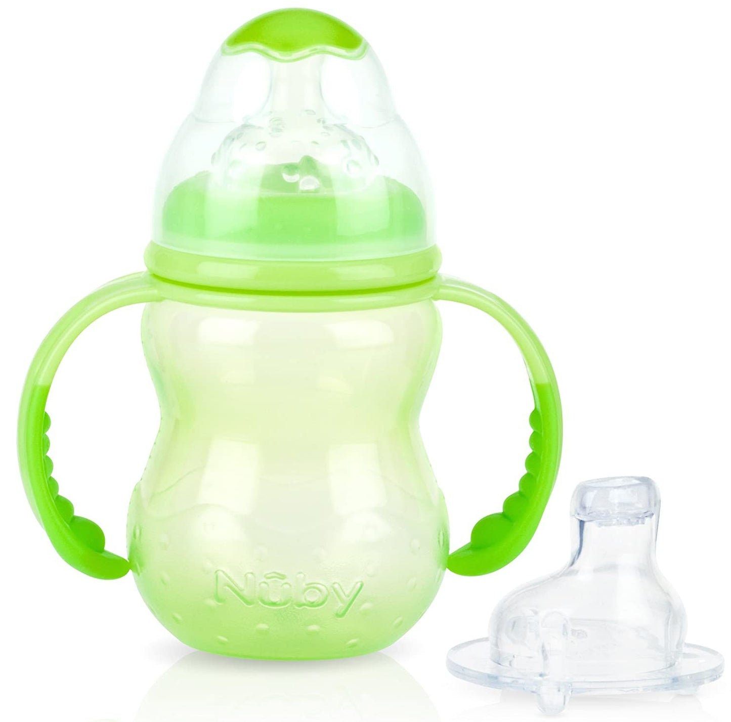 Nuby 3-Stage Wide Neck No Spill Bottle with Handles And Non-Drip Juice Spout, 3 Months, 8 Ounce, Teal