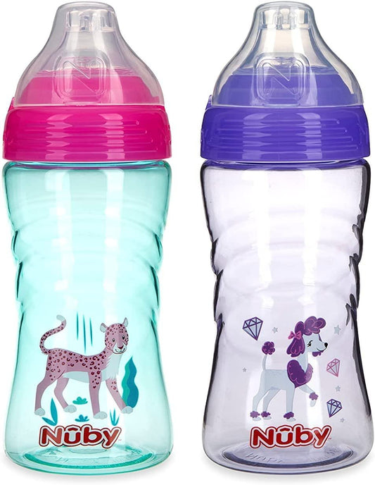 Nuby 2 Pack No Spill Printed Thirsty Kids No-Spill Sip-it Sport Cup with Soft Spout and Lid - 12oz, 12+ Months, 2 Pack, dog / leopard