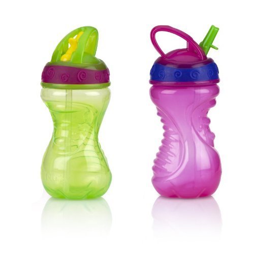 Nuby 2 Count Flip and Tip Hard Straw Cup, 10 Ounce - Green/Purple
