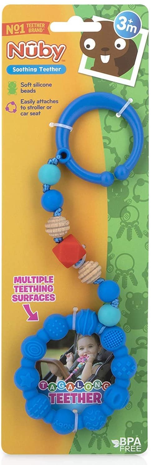 Nuby 100% Silicone Teether Ring with Silicone Beaded String and Clip for Carseat and Stroller, 3 Months + (Blue)