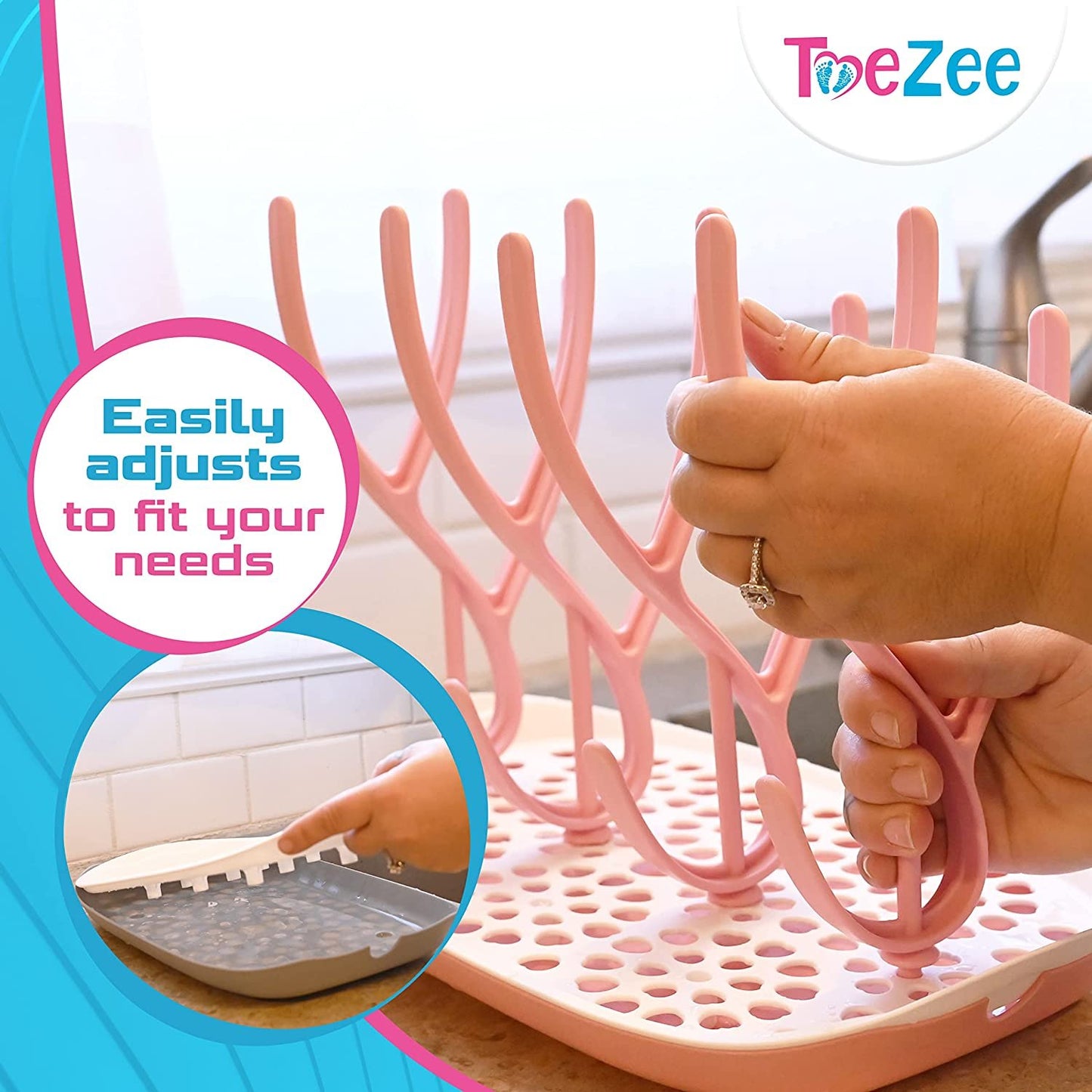 ToeZee Baby Bottle Drying Rack Space Saving Countertop Baby Bottle Holder, Drying Rack for Baby Bottles Accessories - Stores Up to 12 Bottles, Dishwasher Safe (Pink)