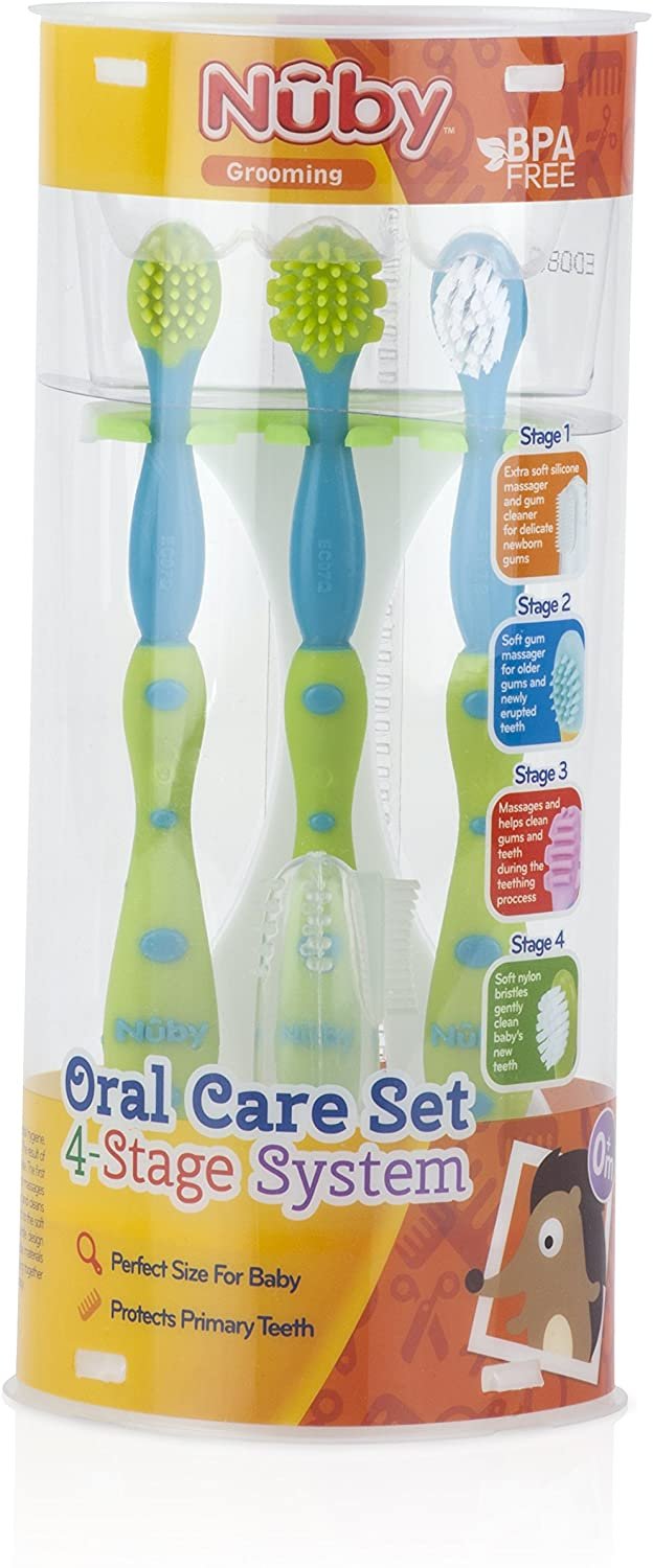 Nuby 4-Stage Oral Care Set with 1 Silicone Finger Massager, Massaging Brushes, 1 Nylon Bristle Toddler Tooth Brush,