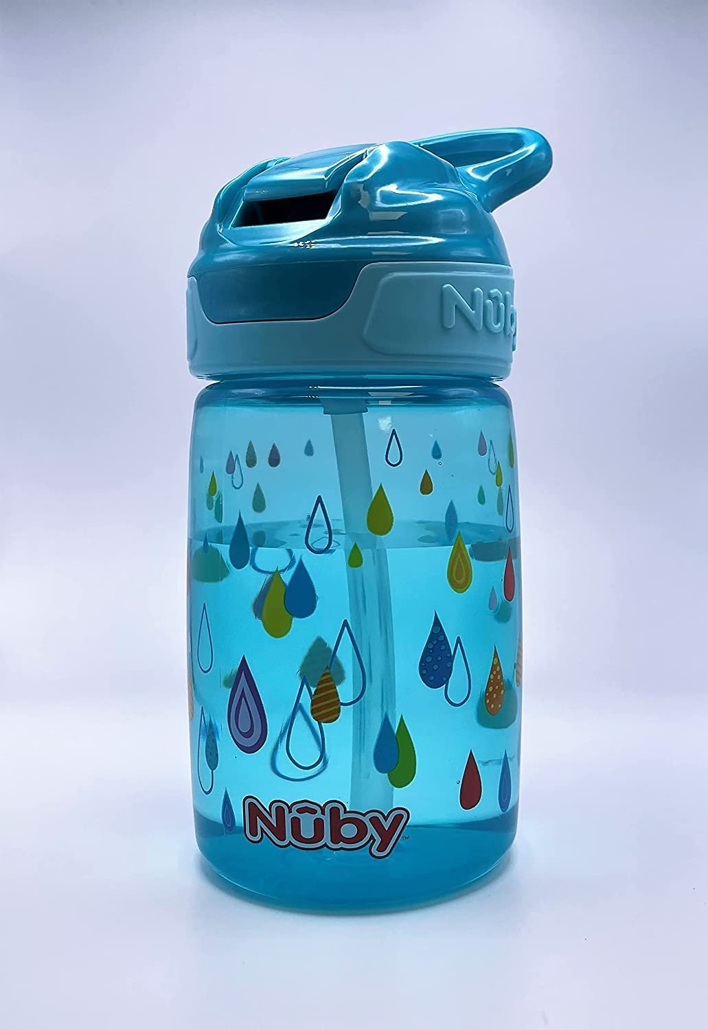 Nuby Kid’s Flip-it Reflex Push Button On-The-Go Printed Water Bottle with Soft Spout - 12oz / 360ml, 18+ Months, Blue/Aqua