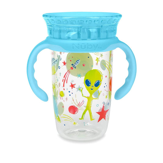 Luv N Care/NUBY Nuby 360 Edge 2 Stage Drinking Rim Cup with Removable Handles & hygienic Cover: 10 Oz/ 300 Ml, 12M+, Space, Aqua