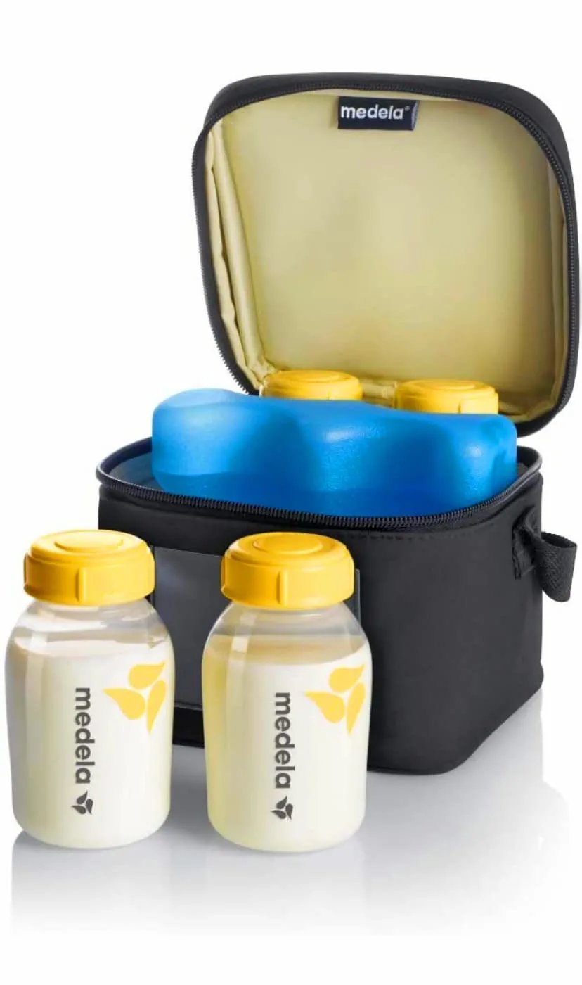 Medela Breast Milk Cooler and Transport Set, 5 ounce Bottles with Lids, Contoured Ice Pack, Cooler Carrier Bag