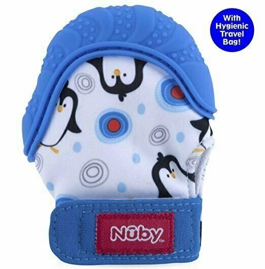 Nuby Baby Teething Mitten with Hygienic Travel Bag, Blue Penguin