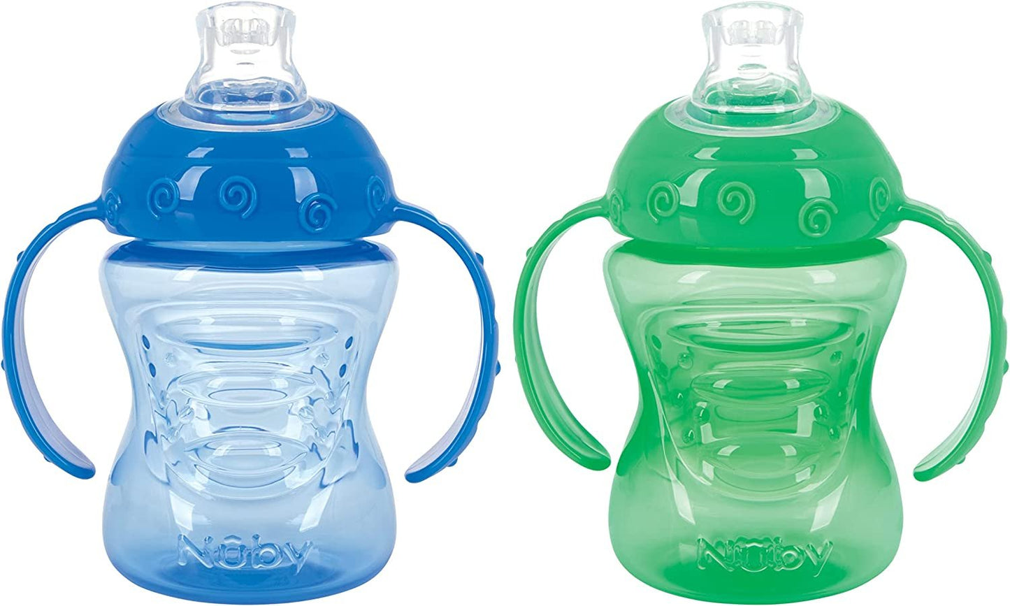 Nuby Two-Handle No-Spill Super Spout Grip N' Sip Cups, 8 Ounce (2 Count, Blue, Green)