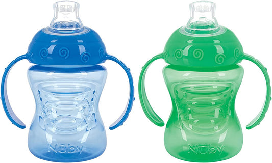 Nuby Two-Handle No-Spill Super Spout Grip N' Sip Cups, 8 Ounce (2 Count, Blue, Green)