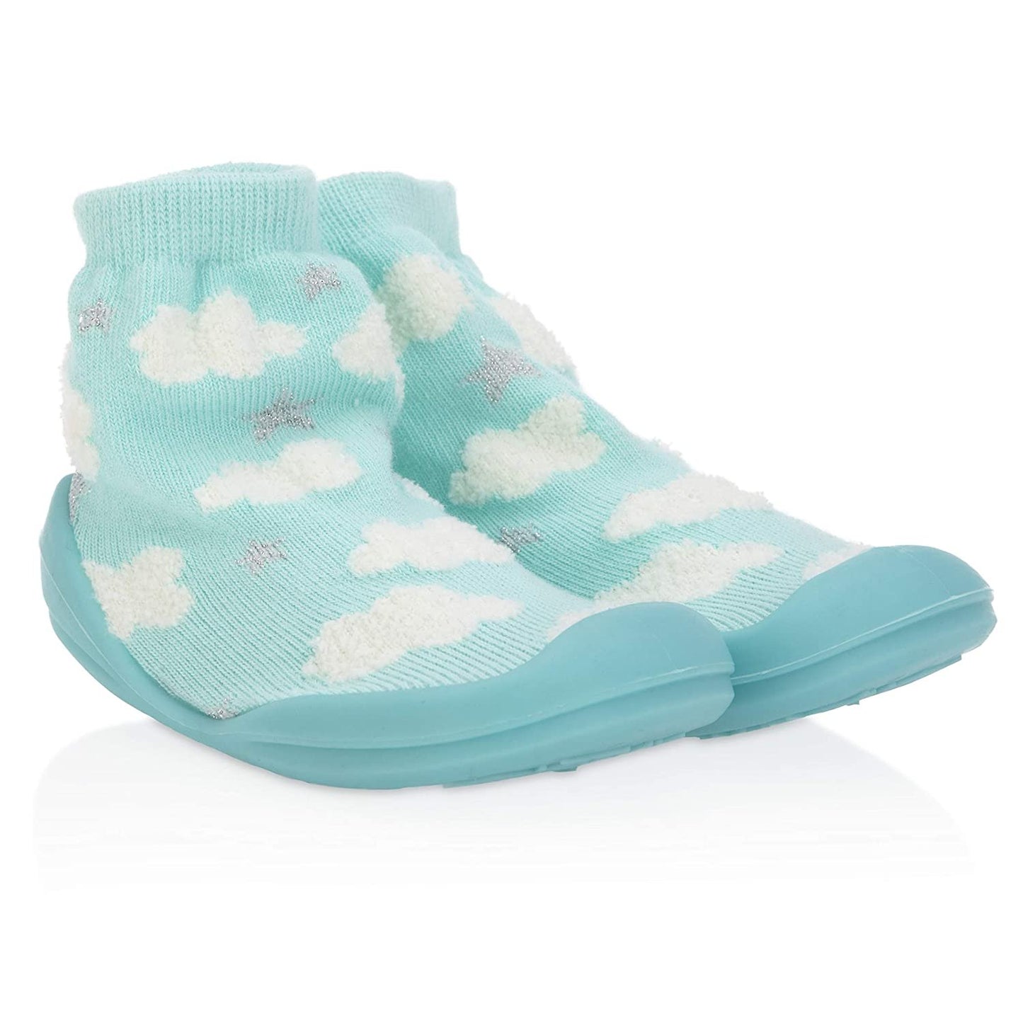 Nuby Snekz Comfortable Rubber Sole Sock Shoes for First Steps- Aqua Clouds/Medium 14-22 Months