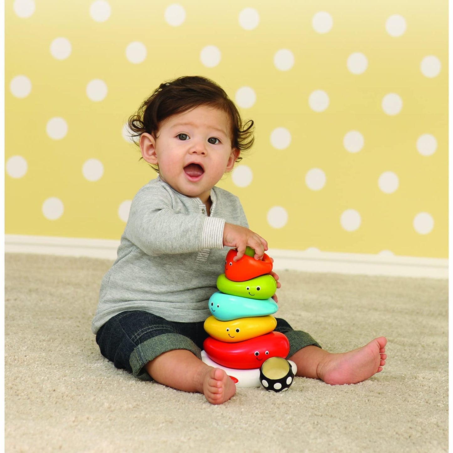 Infantino Funny Faces Ring Stacker Colorful Baby and Toddler Toys for Motor Skills, 5 Pieces