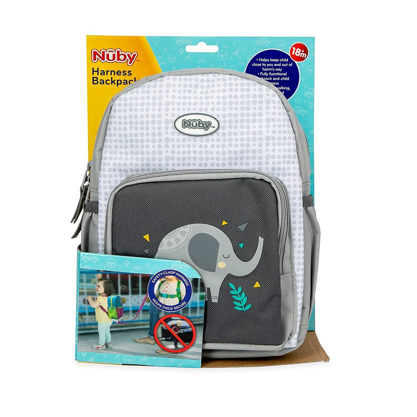 Nuby Mini Backpack with Safety Harness and Detachable Tether: 18 m+, Grey Elephant