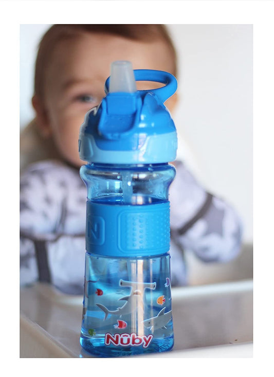 nuby thirsty kids push button flip-it soft spout on the go water bottle with easy grip band, green cactus, 12 ounce