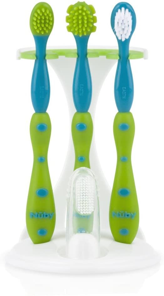 Nuby 4-Stage Oral Care Set with 1 Silicone Finger Massager, Massaging Brushes, 1 Nylon Bristle Toddler Tooth Brush,