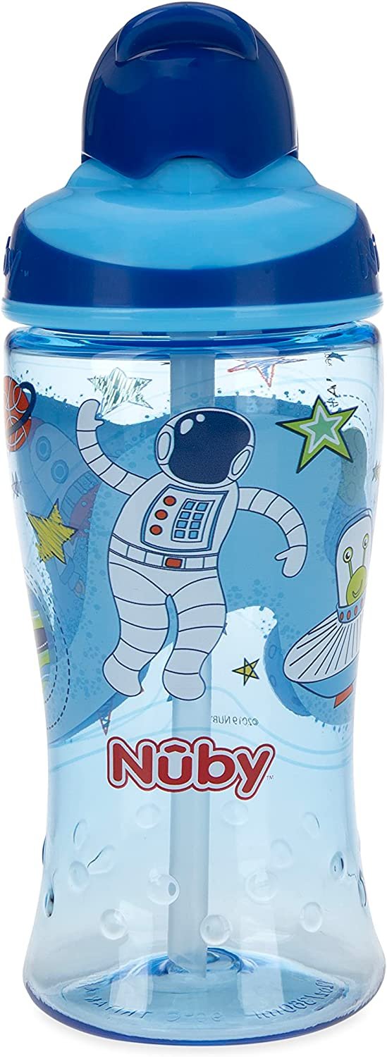 Nuby Thirsty Kids No-Spill Flip-it Printed Boost Cup with Thin Soft Straw - 12oz, 18+ Months, 1 Pack (Space Man Blue)