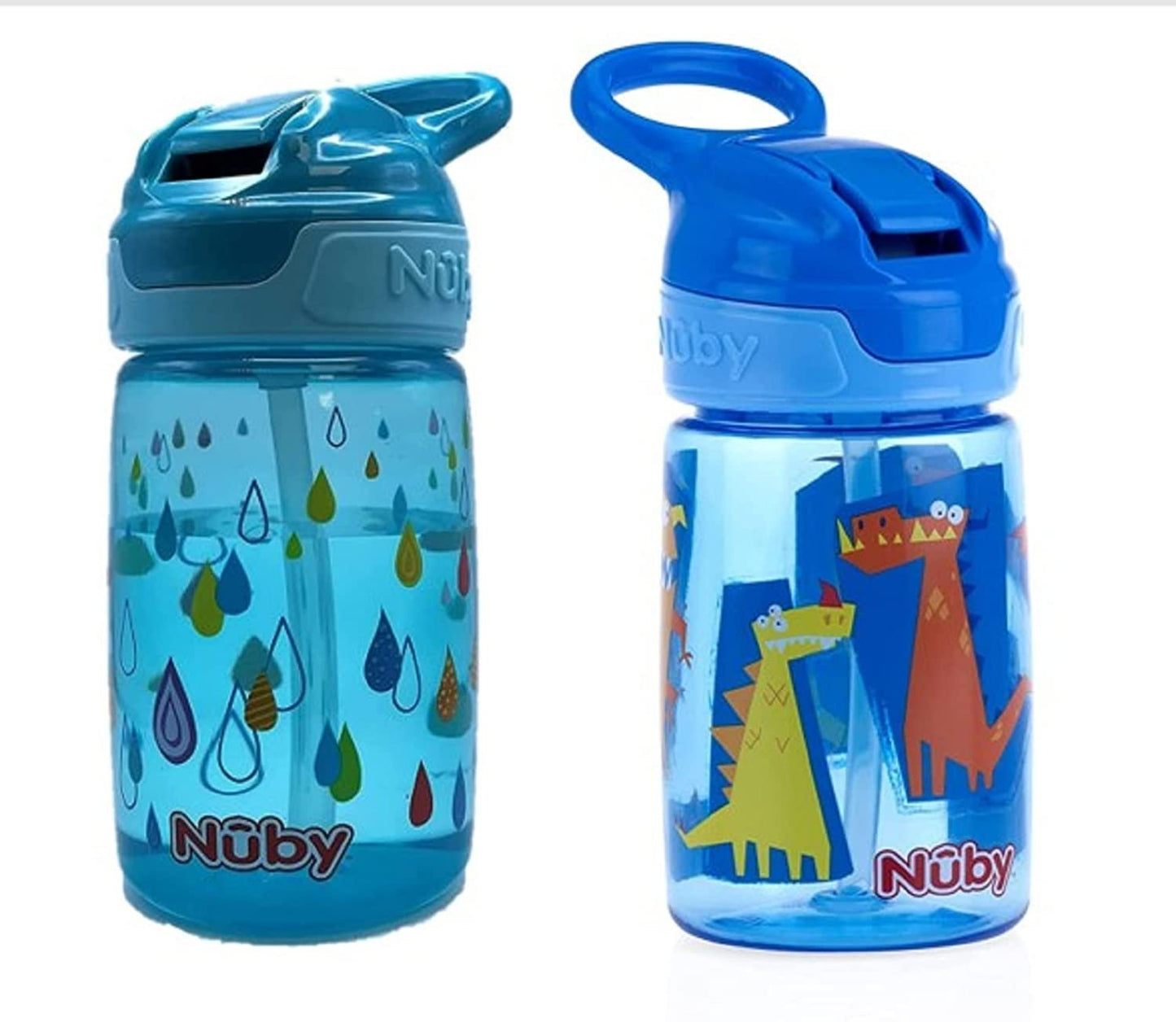 Nuby Kid’s Flip-it Reflex Push Button On-The-Go Printed Water Bottle with Soft Spout - 12oz / 360ml, 18+ Months, Blue/Aqua