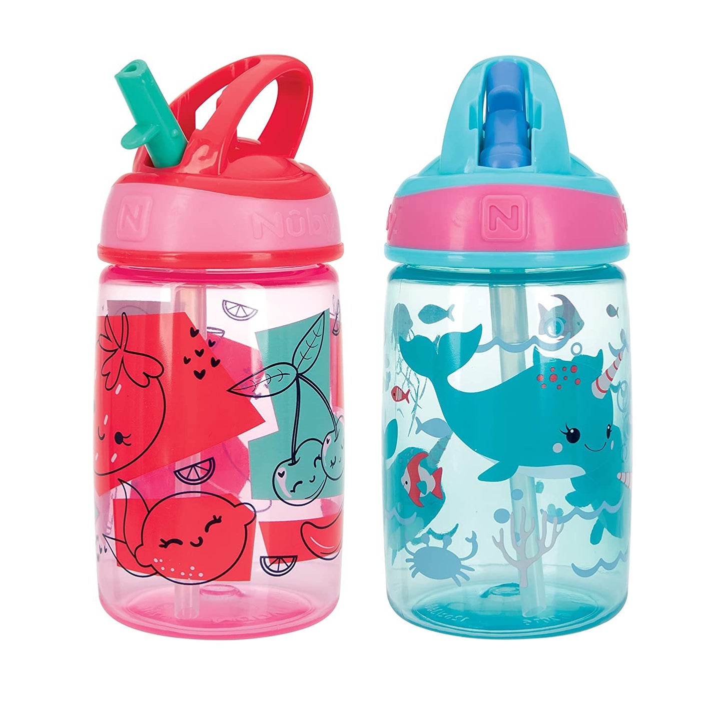 Nuby Flip-it Kids On-The-Go Printed Water Bottle with Bite Proof Hard Straw - 12oz / 360 ml, 18+ Months, 2 pk Fruit/ Narwhals