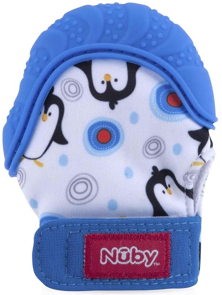 nuby soothing teething mitten 2-pack| grey bears and blue penguins