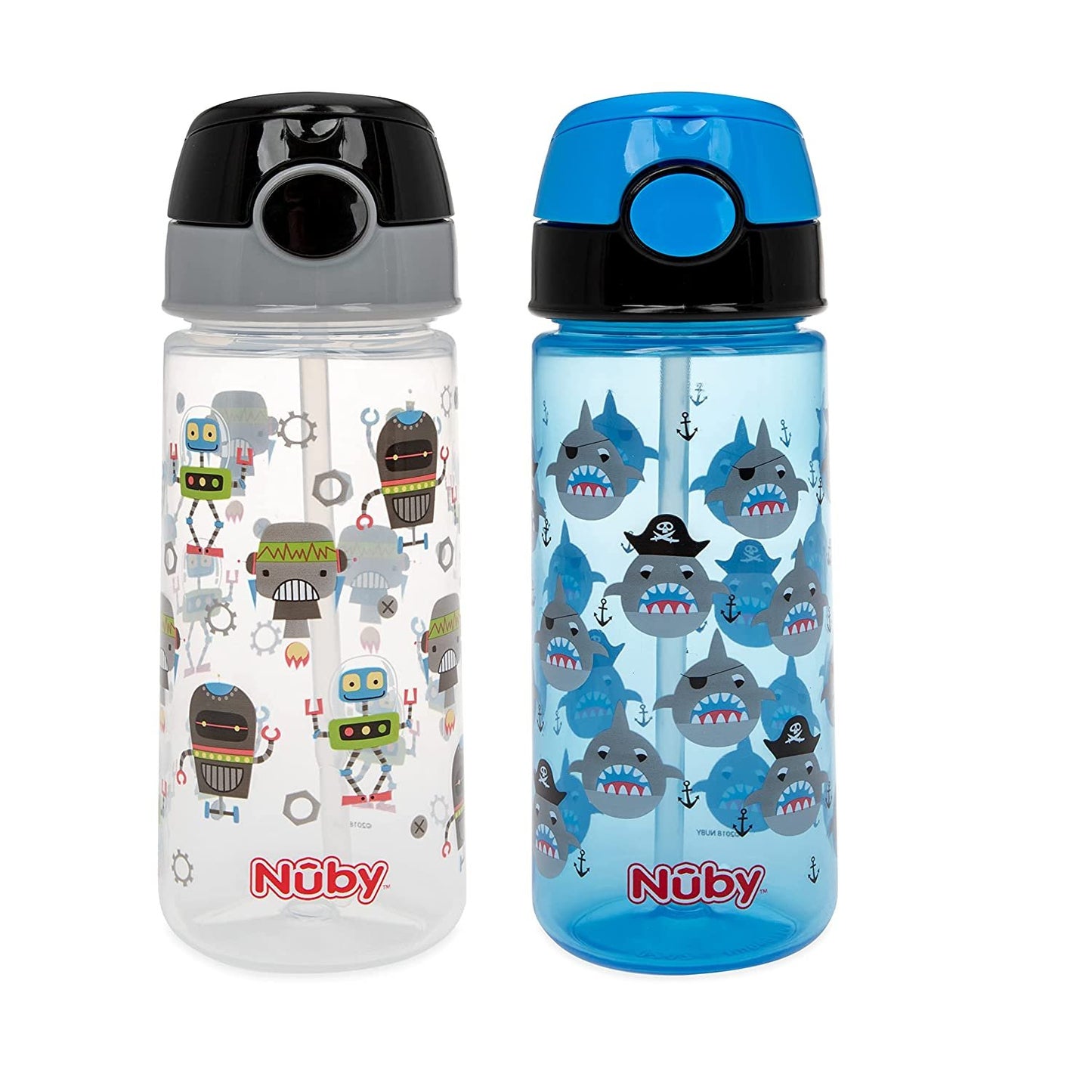 2-Pack Nuby Kid’s Printed Flip-it Active Water Bottle with Push Button Cap and Soft Straw - 18oz / 540ml, 18+ Months, 2-Pack, Prints May Vary