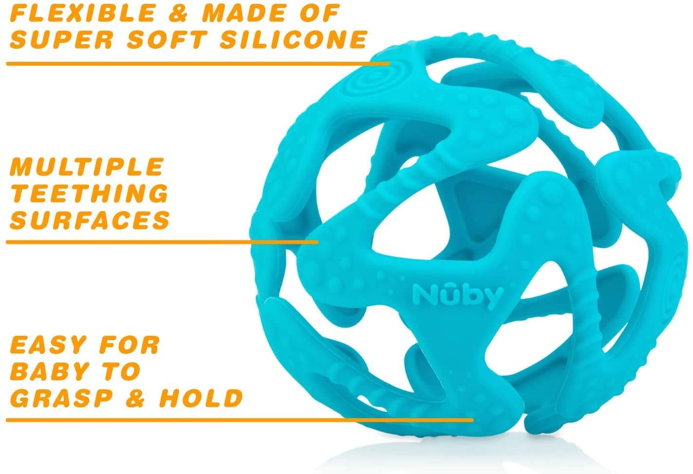 Nuby 100% Silicone Tuggy Teether Ball, 6 Months +, Colors May Vary